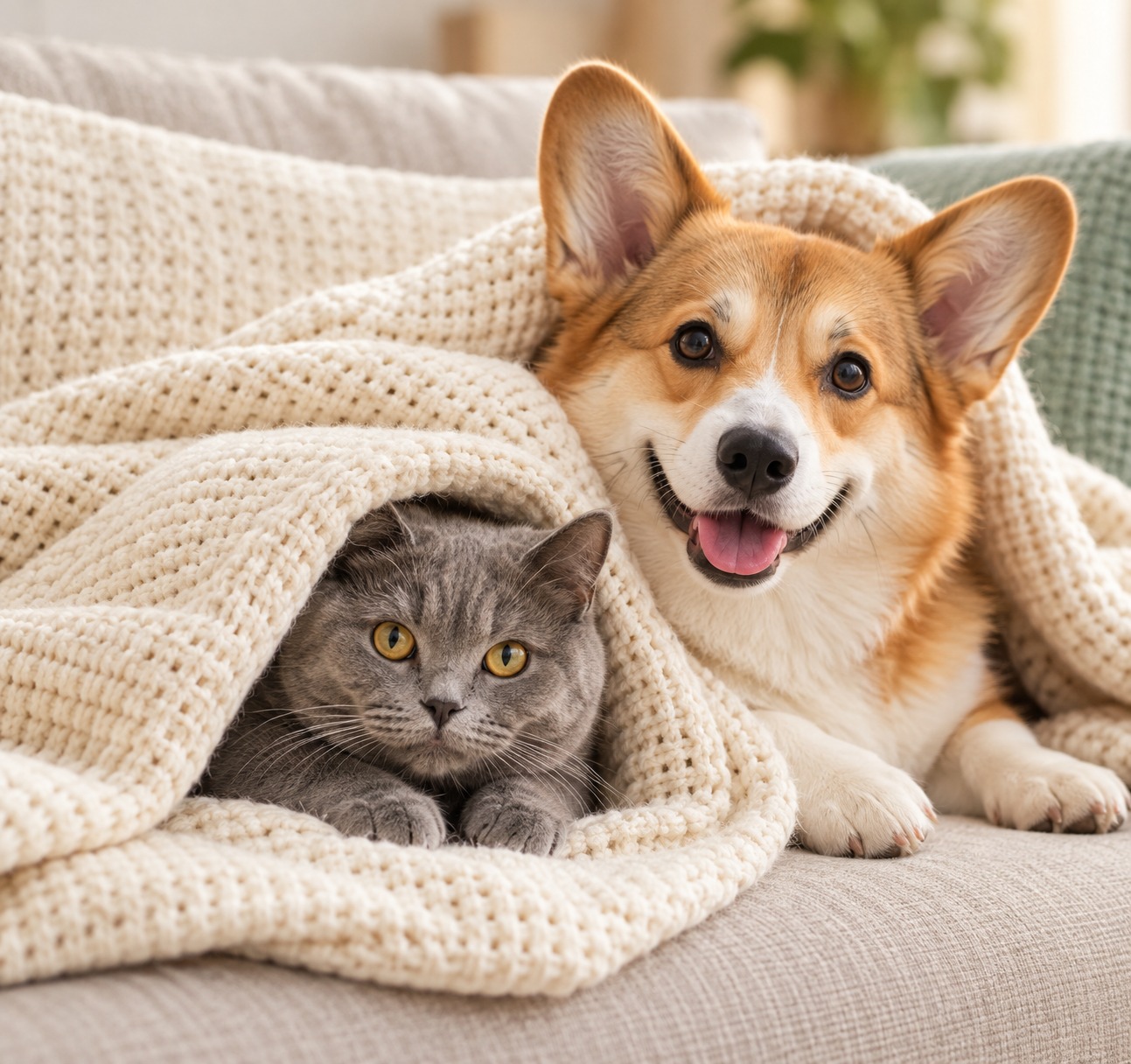 Cachorro golden retriever e gato sorrindo lado a lado, representando o cuidado da Top Vet com cães e gatos